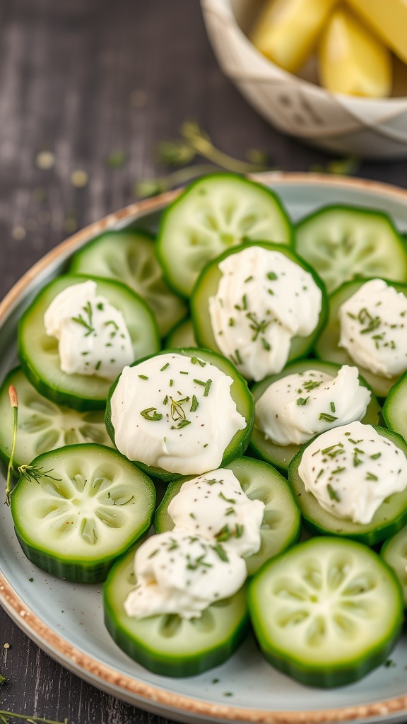 Plate of cucumber slices topped with cream cheese spread and herbs