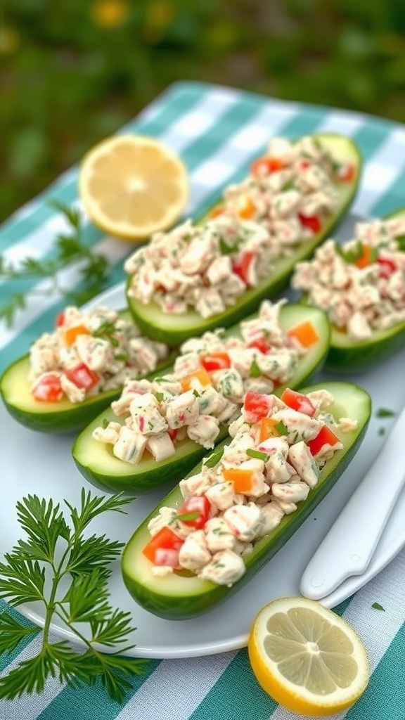 Cucumber boats filled with tuna salad served on a picnic table