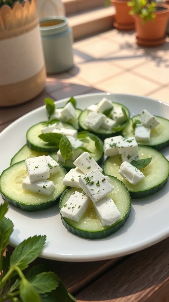 A plate of cucumber slices topped with feta cheese and herbs, perfect for a keto snack