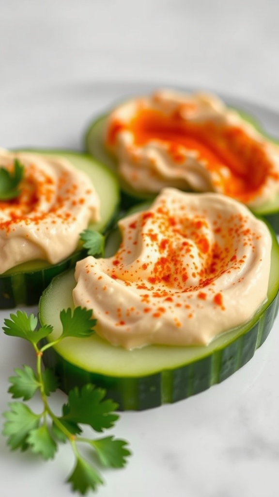 Sliced cucumbers topped with creamy hummus and garnished with paprika and cilantro.