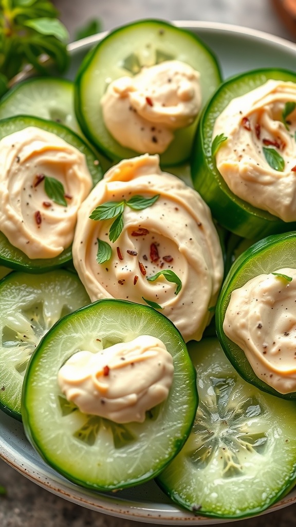 Cucumber slices topped with creamy hummus and garnished with parsley.