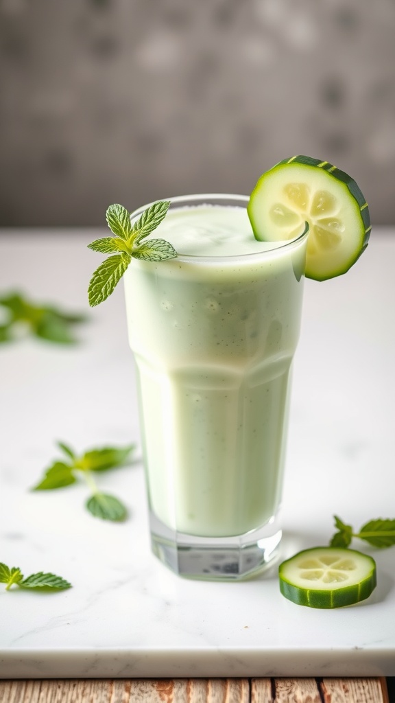 A glass of Cucumber Mint Cooler smoothie garnished with mint leaves and cucumber slices.