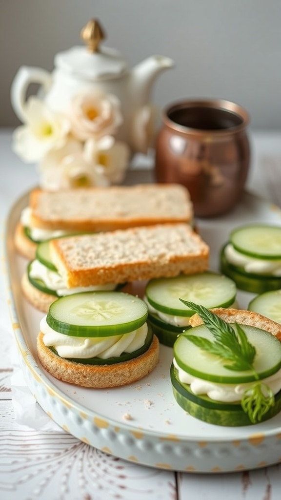 A plate of cucumber sandwiches with cream cheese, flowers, and a teapot in the background.