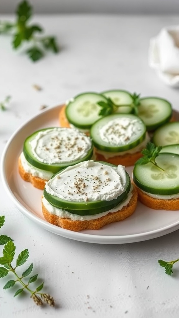 A plate of cucumber sandwiches topped with herb cream cheese, garnished with fresh herbs.