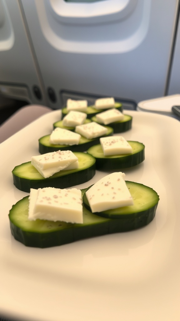 Cucumber slices topped with cream cheese on a plate