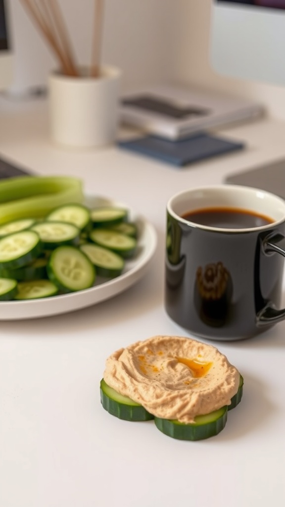 Cucumber slices with hummus on a desk next to a coffee mug.