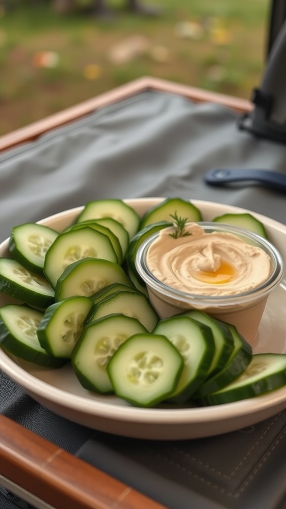 A plate of cucumber slices arranged around a small bowl of hummus.