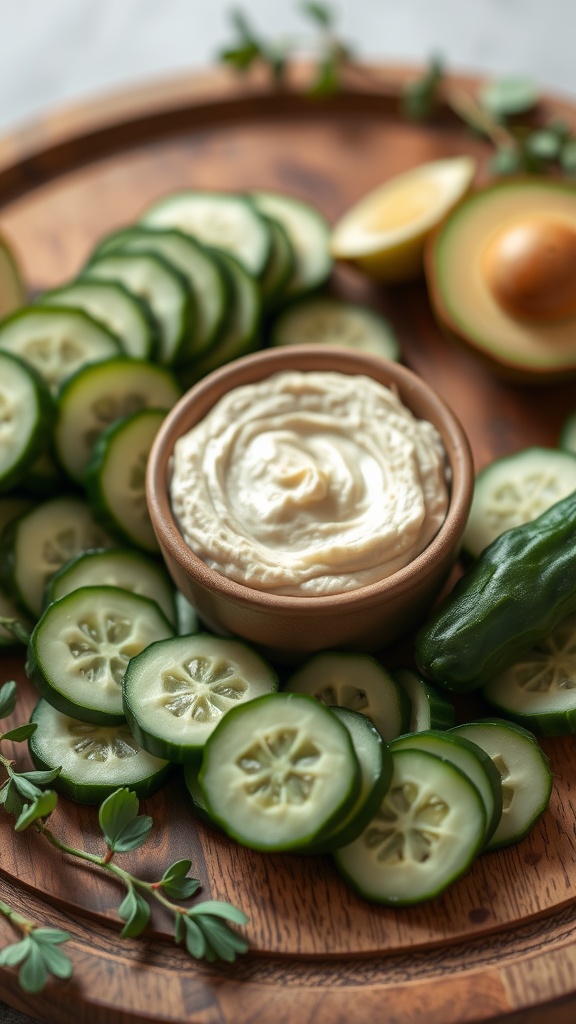 Cucumber slices arranged on a wooden platter with a bowl of hummus in the center.