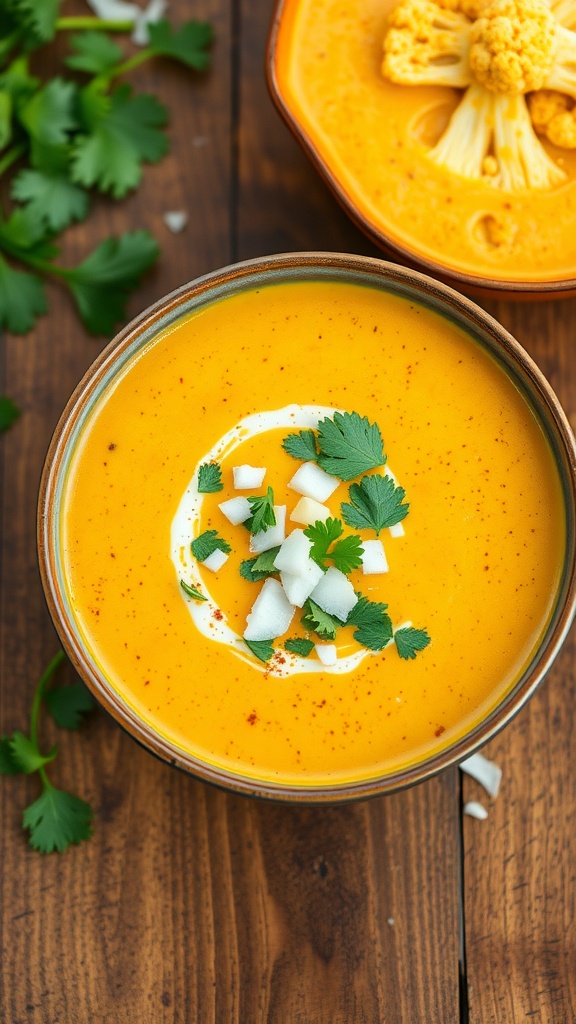 A bowl of Curried Coconut Cauliflower Soup garnished with cilantro and coconut pieces.