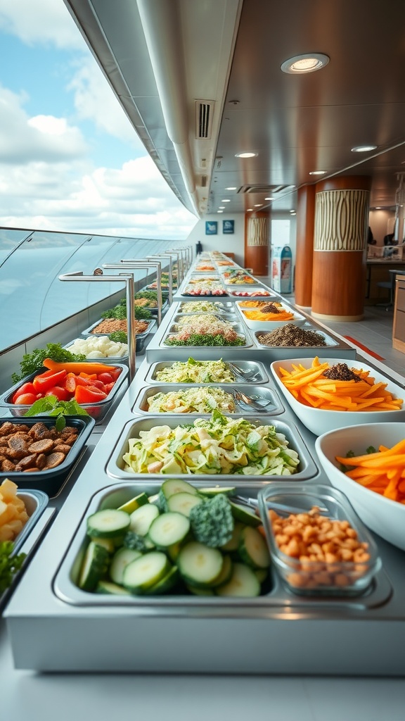 A buffet of fresh salad ingredients on a cruise ship.