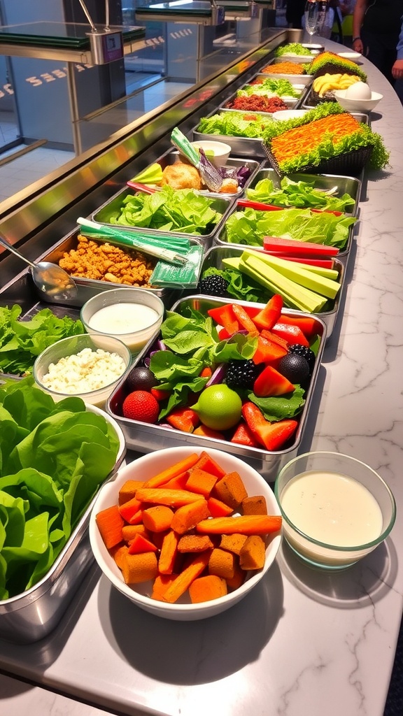 A vibrant salad bar featuring various fresh greens, colorful vegetables, and toppings.