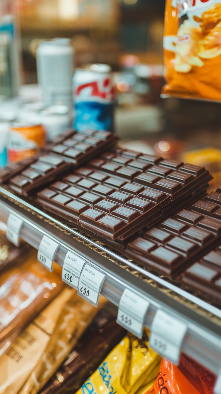 A stack of dark chocolate bars on a store shelf.