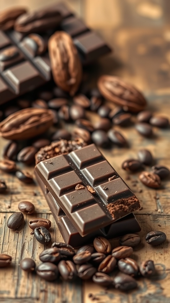 Delicious dark chocolate pieces with coffee beans on a wooden surface.