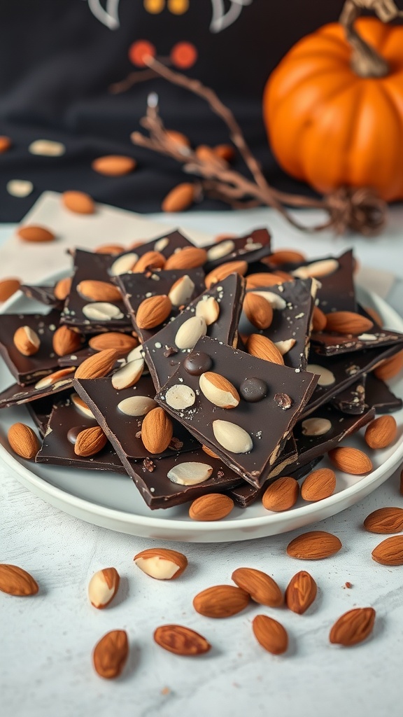 A plate of dark chocolate almond bark topped with almonds, surrounded by loose almonds and a small pumpkin in the background.