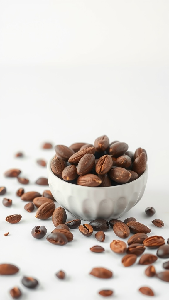 A bowl filled with dark chocolate-covered almonds, surrounded by scattered almonds.