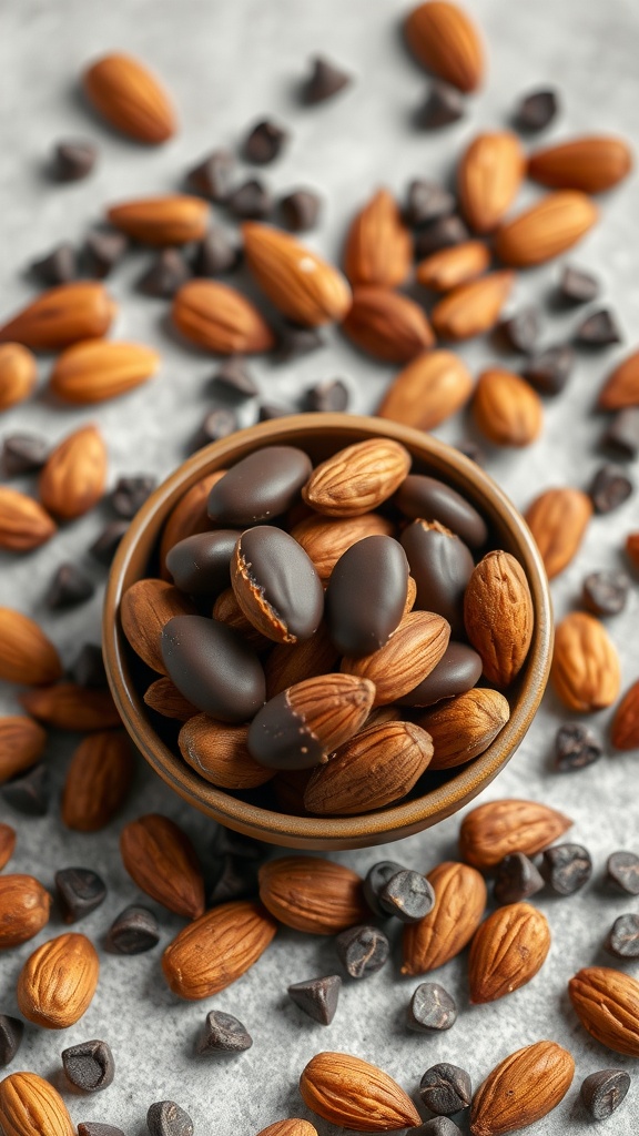 A bowl of dark chocolate almonds surrounded by scattered almonds and chocolate chips.