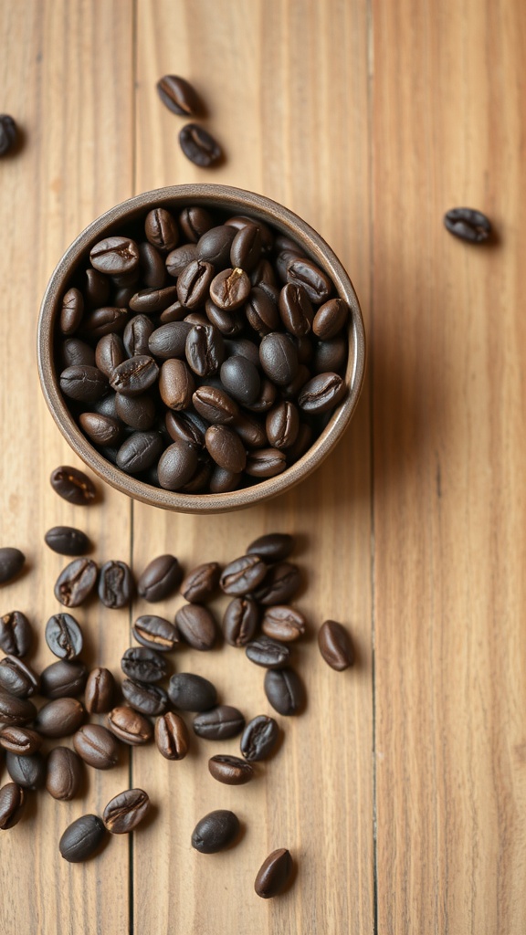 A bowl of dark chocolate cocoa nibs on a wooden table.