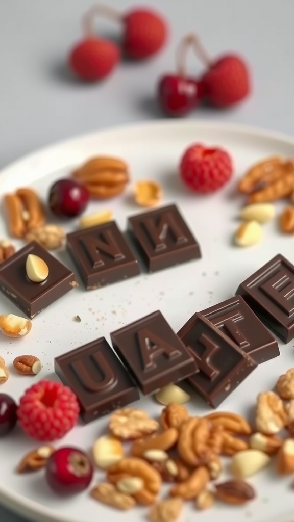 A plate featuring dark chocolate pieces, nuts, and fresh berries.