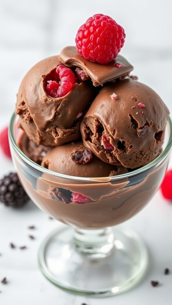 A bowl of dark chocolate ice cream with raspberries and mint leaves.