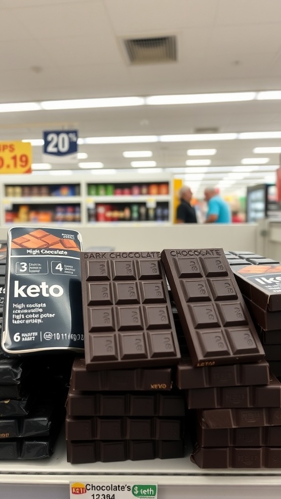 Dark chocolate bars displayed at a gas station.