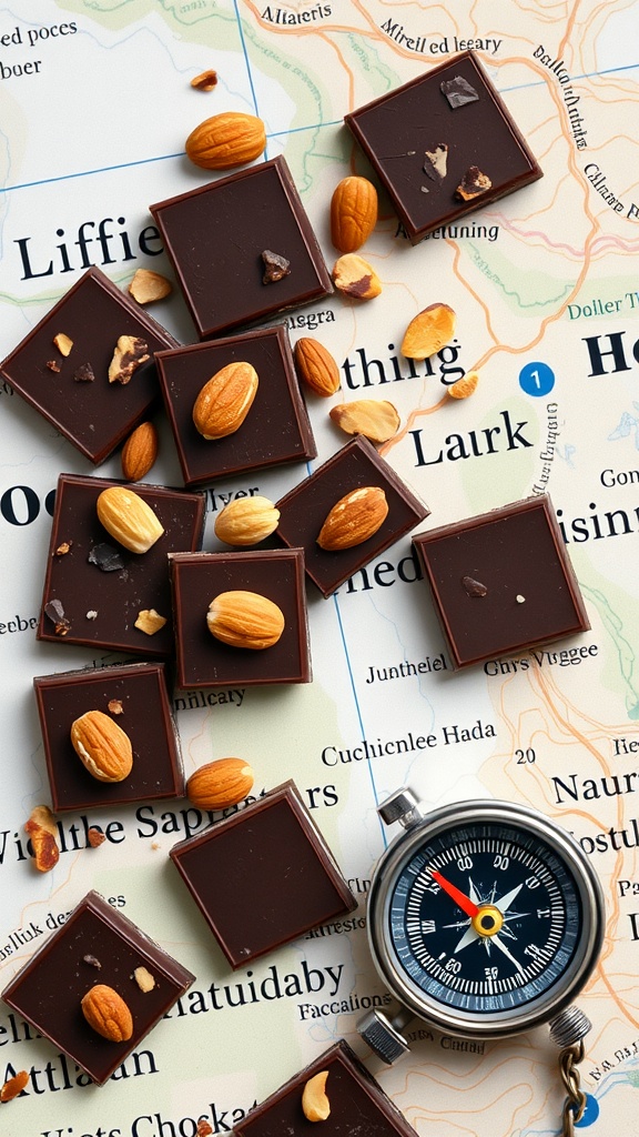 Dark chocolate squares with almonds on a map next to a compass