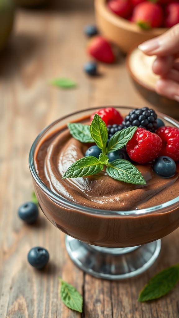 A bowl of creamy avocado chocolate mousse topped with fresh berries and mint leaves