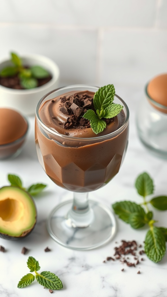 A delicious chocolate avocado mousse garnished with mint leaves in a glass.