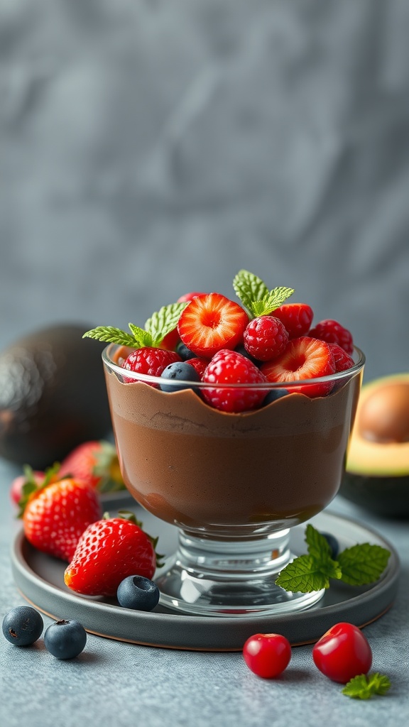 A glass of chocolate avocado mousse topped with strawberries, raspberries, and blueberries.