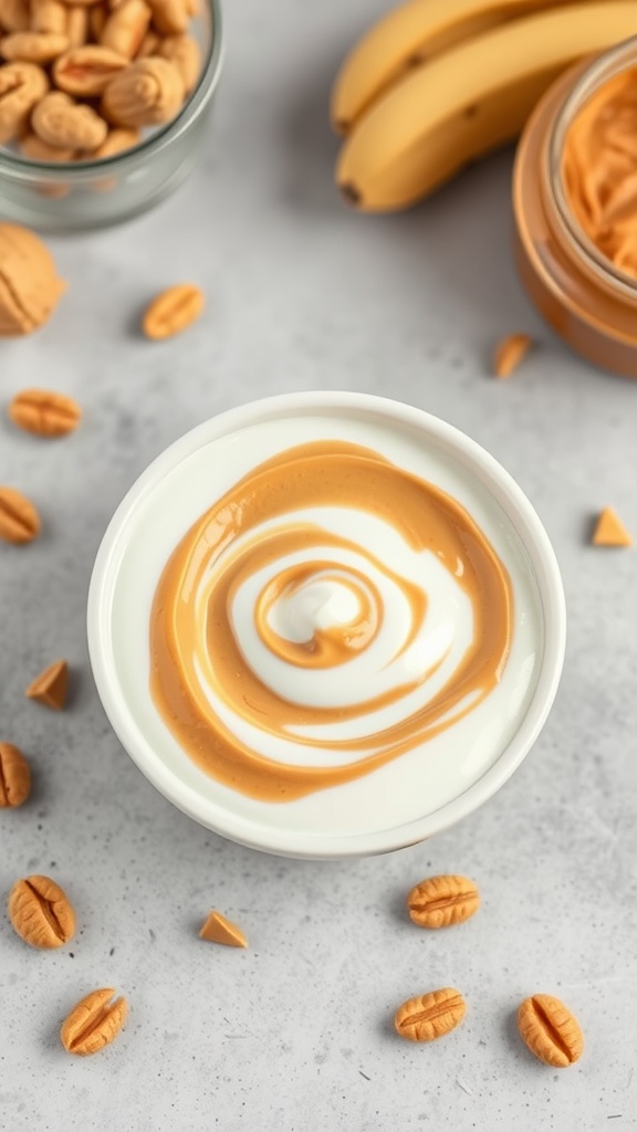 A bowl of yogurt with swirls of peanut butter, surrounded by coffee beans and a jar of peanut butter.