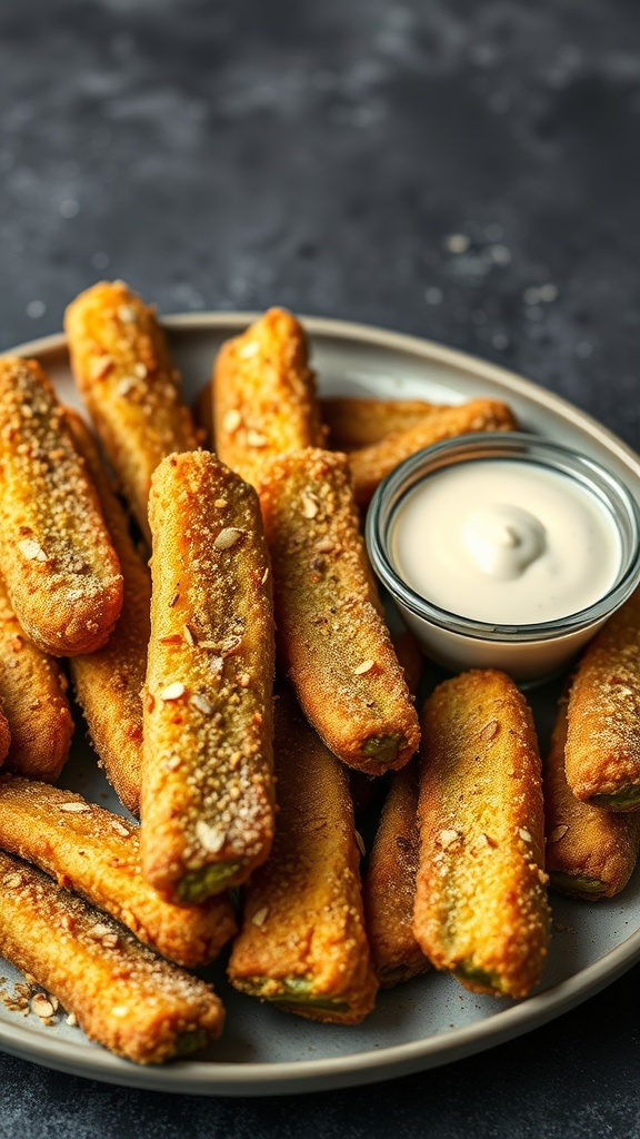 A plate of deep-fried pickles with almond flour, served with a dipping sauce.