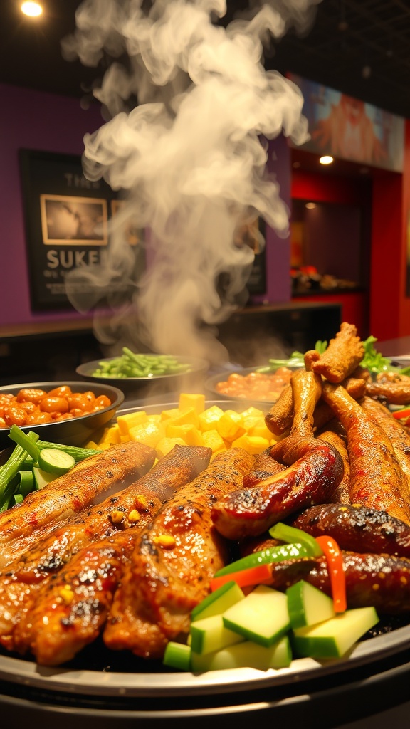 A platter of grilled meats and vegetables at KBBQ, with steam rising.