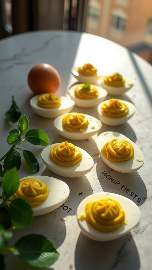 Deviled avocado eggs on a table with fresh leaves and an egg.