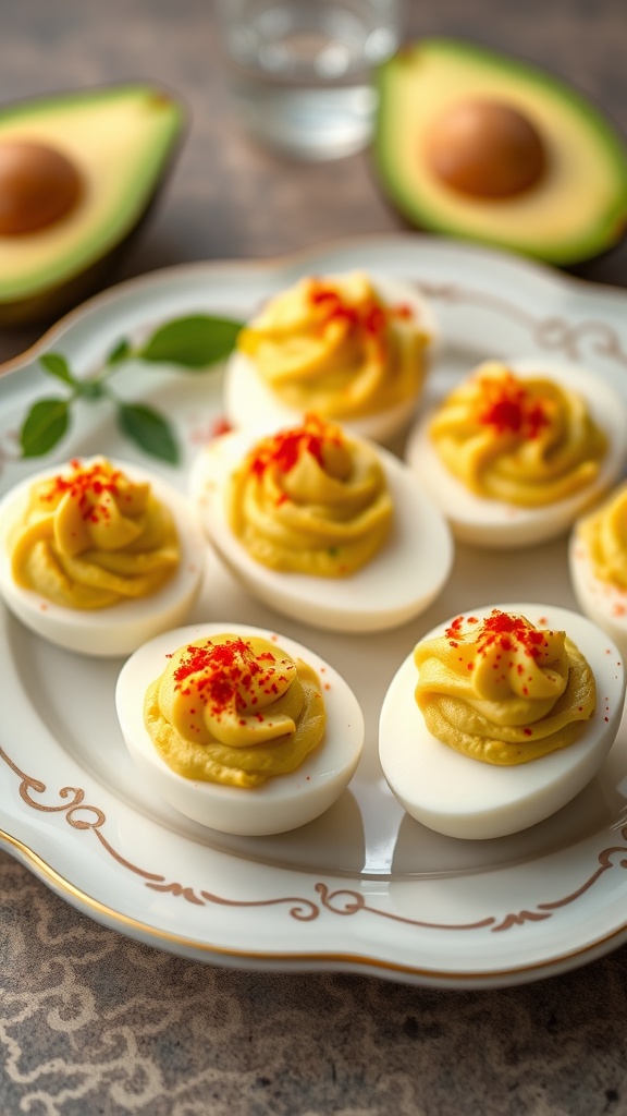 A platter of deviled eggs topped with avocado and spices.