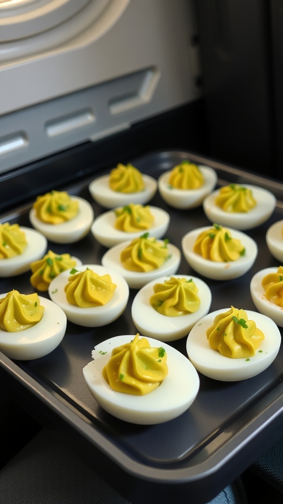 Tray of deviled eggs topped with yellow avocado filling and green herbs.