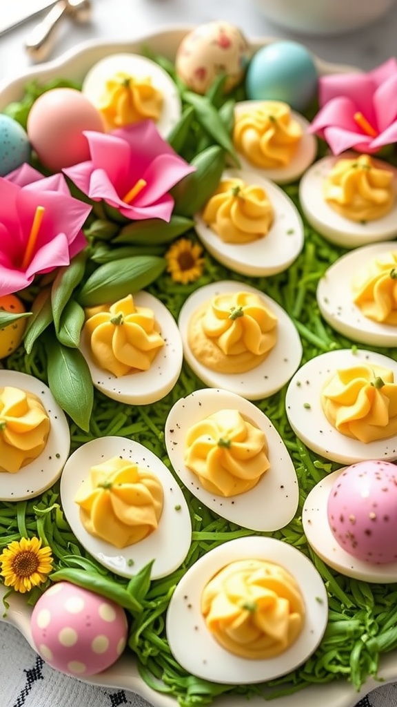 A platter of deviled eggs with avocado filling, garnished with herbs, surrounded by pastel-colored candy eggs