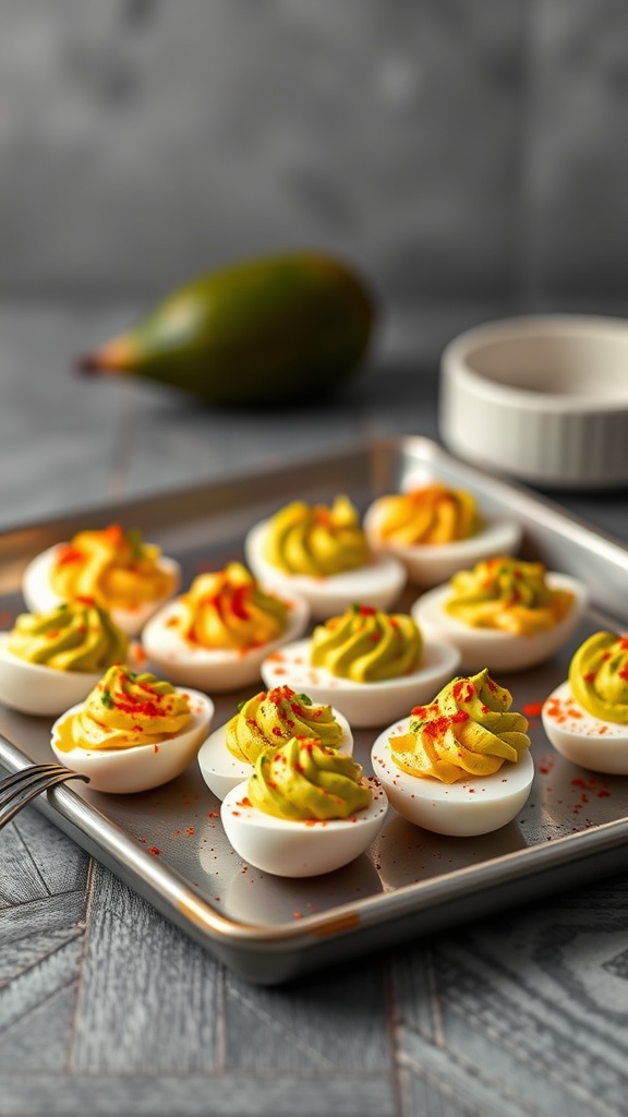 A tray of deviled eggs topped with avocado and spices, ready to be served.