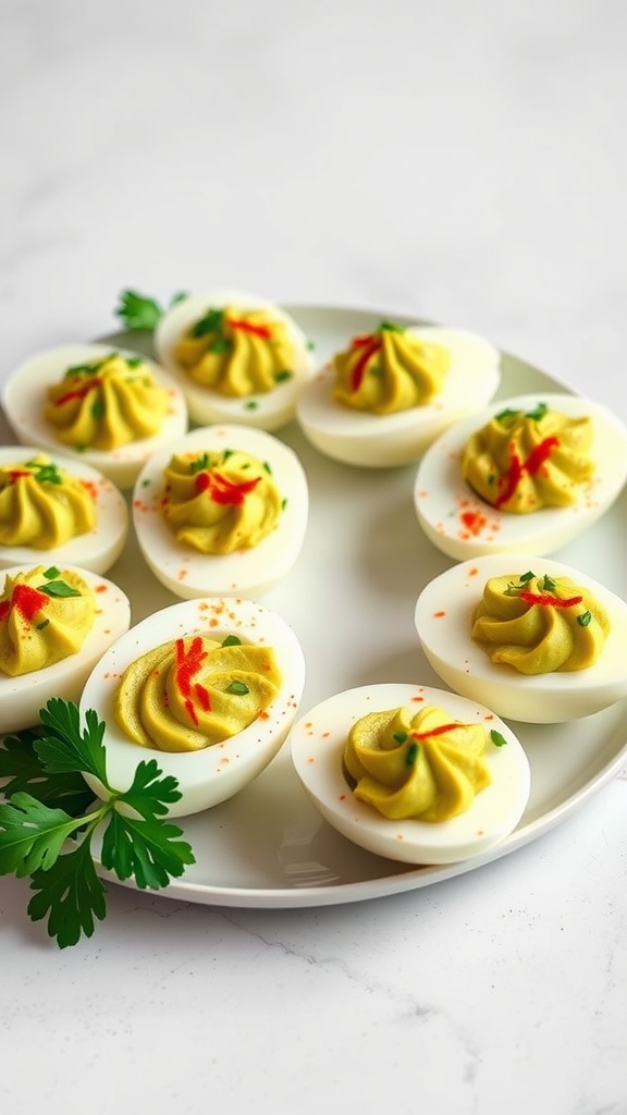 Plate of deviled eggs with avocado filling, garnished with red pepper and herbs