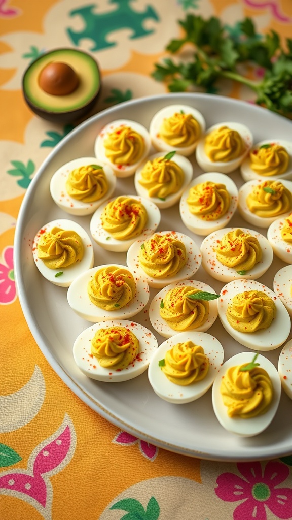 A plate of deviled eggs topped with avocado, garnished with herbs and spices.