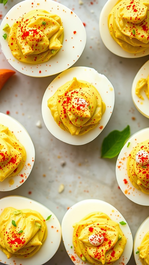 Delicious deviled eggs topped with avocado and spices.