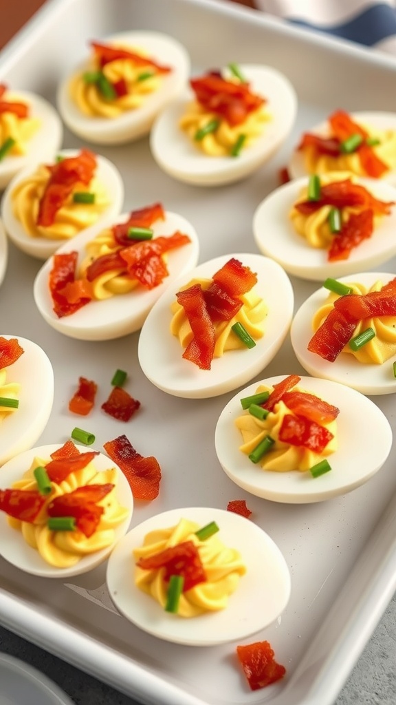 Delicious deviled eggs topped with bacon bits on a decorative plate.