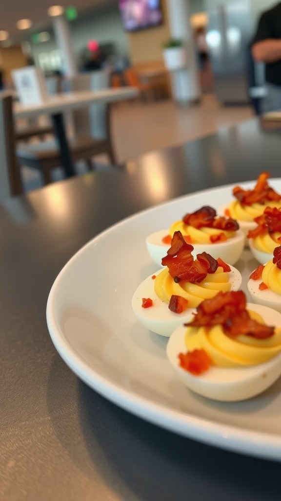 Plate of deviled eggs topped with bacon bits in a modern airport setting.