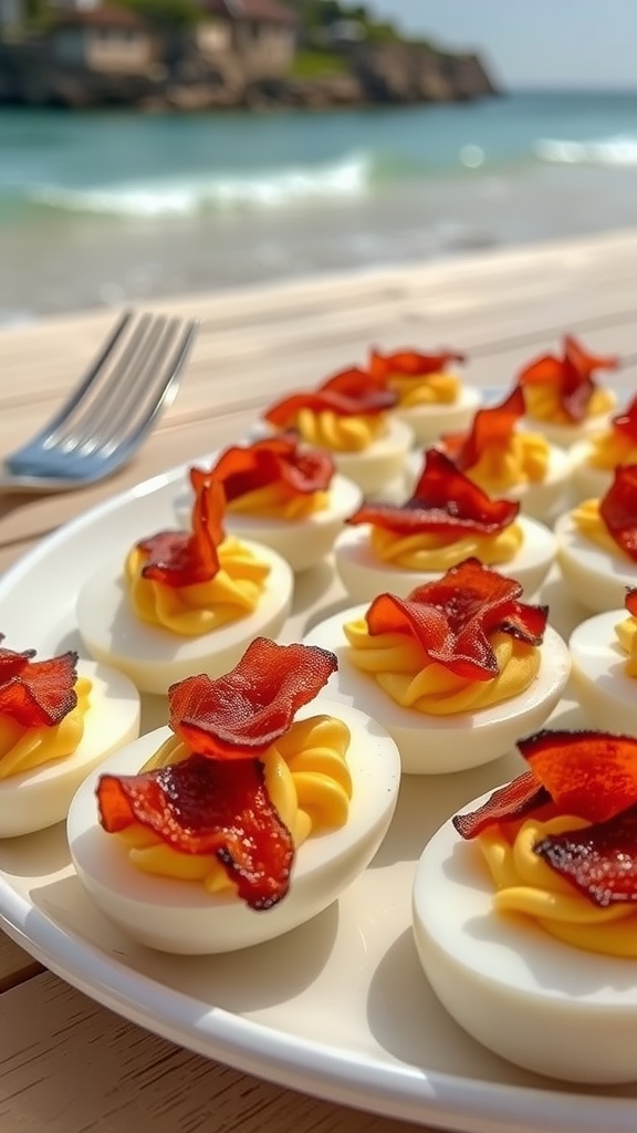 Delicious deviled eggs topped with bacon on a beach setting