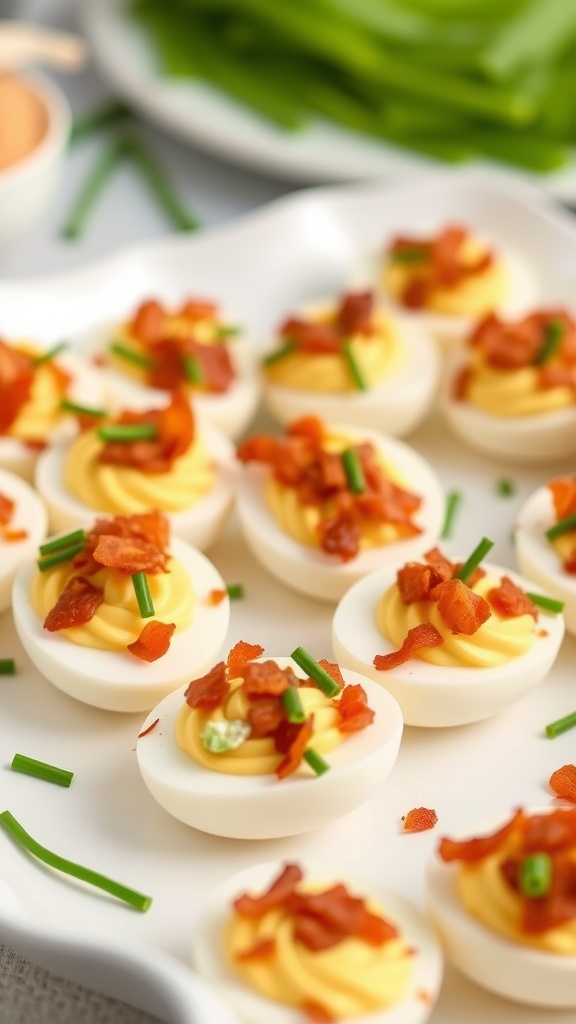 A platter of deviled eggs topped with crispy bacon and chives.