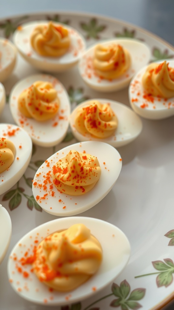 A plate of deviled eggs topped with paprika.