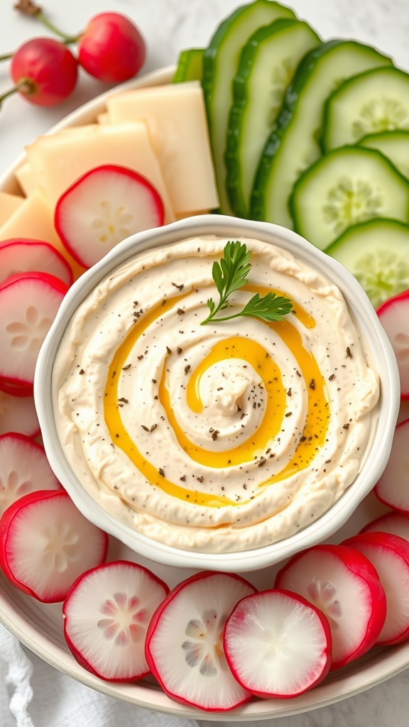 A bowl of Dijon mustard and herb dip garnished with a sprig of parsley, surrounded by sliced cucumbers, radishes, and cheese.