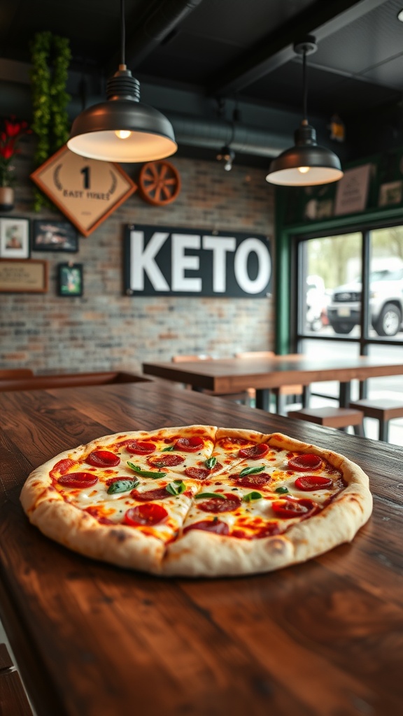 Keto-friendly pizza with pepperoni and herbs on a wooden table in a restaurant setting.