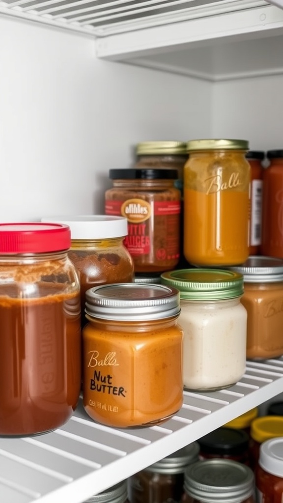 Shelves containing jars of homemade keto pantry essentials like nut butter and sauces.