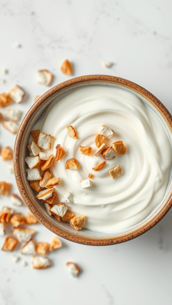 A bowl of yogurt topped with dried unsweetened coconut chips, surrounded by scattered coconut chips.