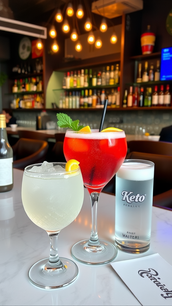 A selection of keto-friendly drinks at a restaurant, including sparkling water and cocktails.