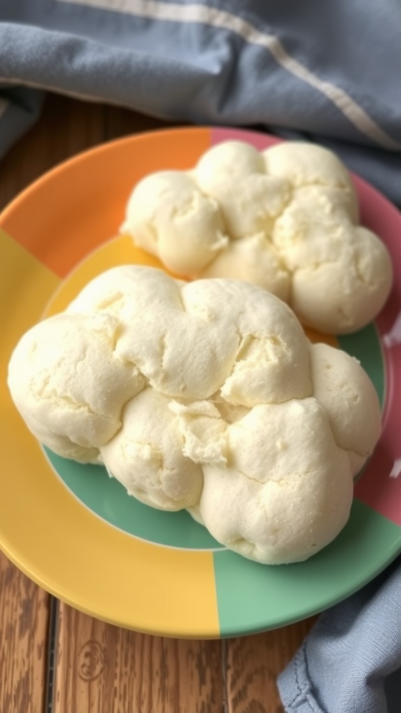 Two pieces of egg-based cloud bread on a colorful plate